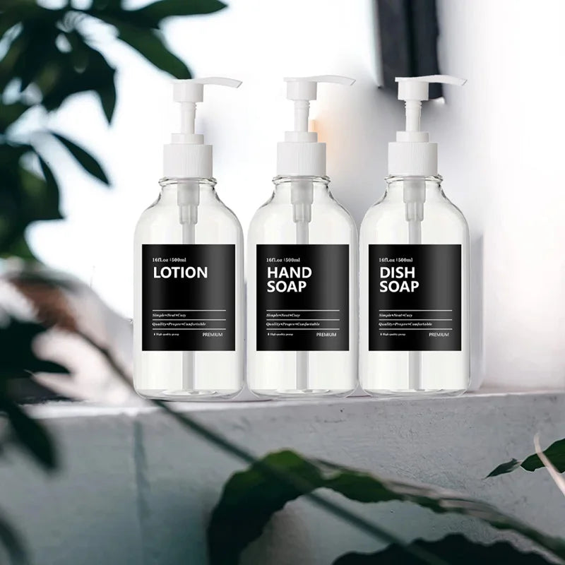 3 Pack 500ml Soap Dispenser Bottles with Labels – Kitchen & Bathroom Shampoo, Conditioner, Liquid Soap Containers