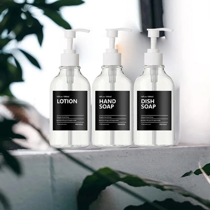 3 Pack 500ml Soap Dispenser Bottles with Labels – Kitchen & Bathroom Shampoo, Conditioner, Liquid Soap Containers