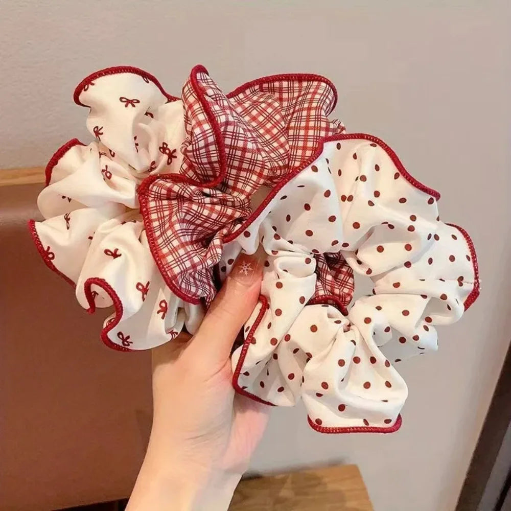 Red Dot Plaid Scrunchies - 2/3pcs Soft Elastic Hair Ties for Women & Girls, Cute Fashion Hair Accessories