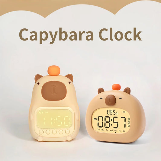Capybara LED Digital Alarm Clock - Rechargeable Bedside Lamp with Timer, Dimmable Light & USB Charging, Kids Gift