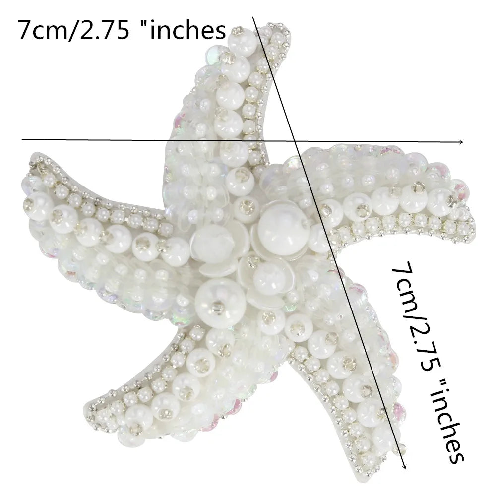 Marine Series Rhinestone Patches - Handmade Shell Starfish Seahorse Leaf Beaded Sewing Appliques for DIY Clothing