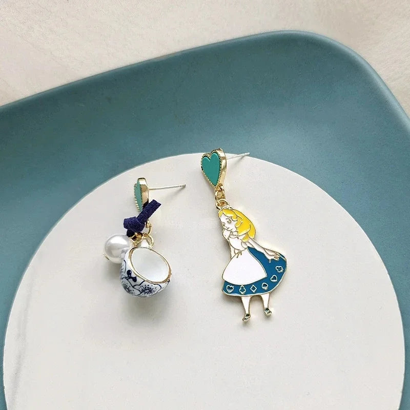 Fairy Tale Princess Alice Asymmetrical Earrings - Blue Heart Enamel Dangle Earrings with Imitation Pearls
