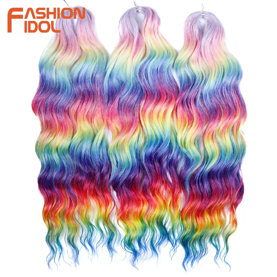 FASHION IDOL 24" Deep Wave Crochet Hair - 3-Piece Synthetic Water Wave Braiding Extensions, Ombre Rainbow Twist Hair