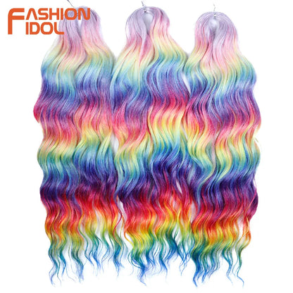 FASHION IDOL 24" Deep Wave Crochet Hair - 3-Piece Synthetic Water Wave Braiding Extensions, Ombre Rainbow Twist Hair