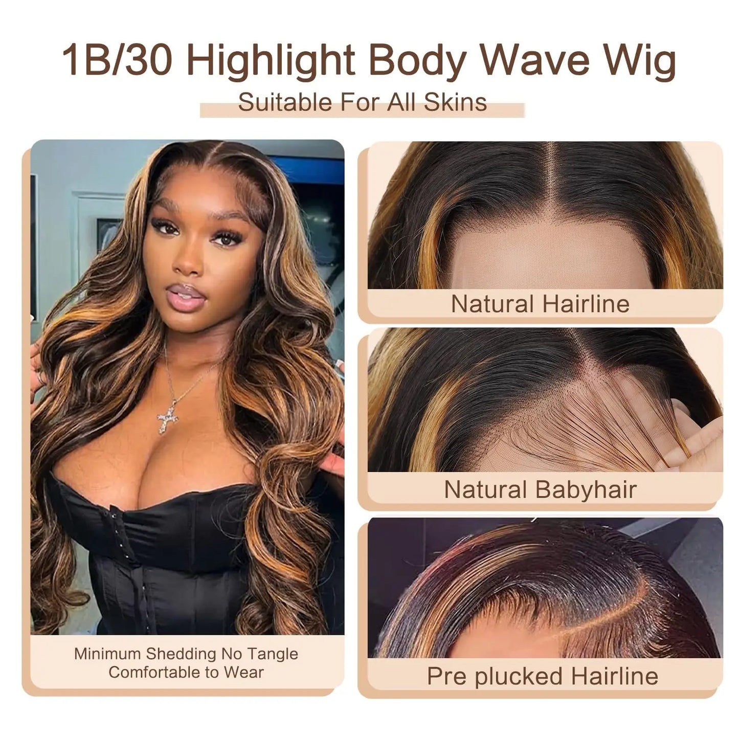1B30 Highlight Blonde Body Wave Wig – 13x4 HD Lace Frontal, Pre-Plucked Brazilian Human Hair, 200% Density