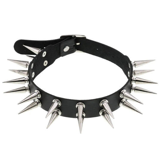 Long Spiked Choker Collar – Black PU Leather Punk Goth Necklace for Women & Men, Cosplay Jewelry Accessory