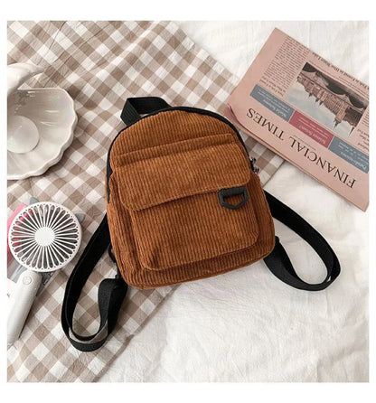 Women's Mini Backpack - Fashionable Solid Color Corduroy Casual Schoolbag with Large Capacity
