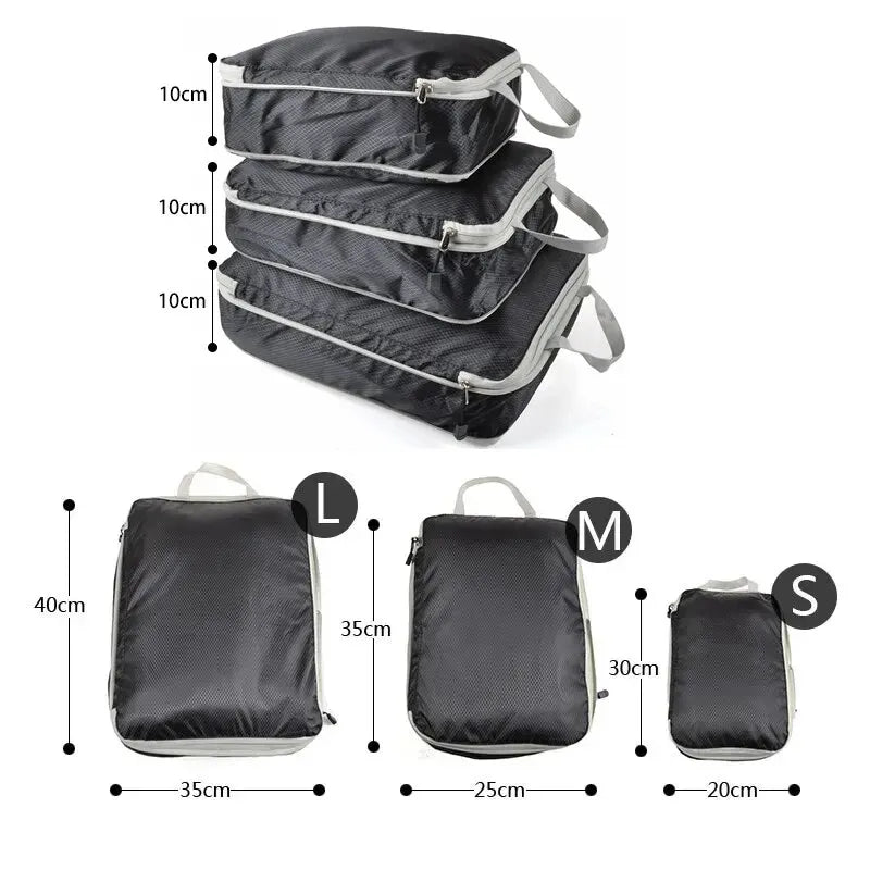 3Pcs/set Compressible Travel Storage Bags: Black/Blue/Grey Portable Large Capacity Suitcase Luggage Packing Cubes
