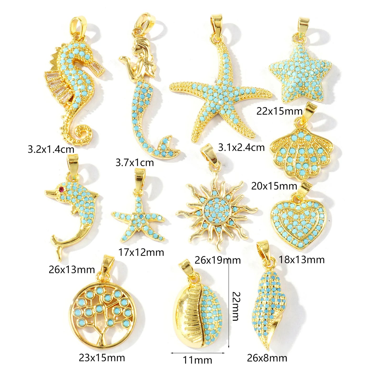Blue Cubic Zirconia Ocean Charm Pendant Set – 18K Gold Plated Starfish, Mermaid & Conch DIY Necklace Jewelry