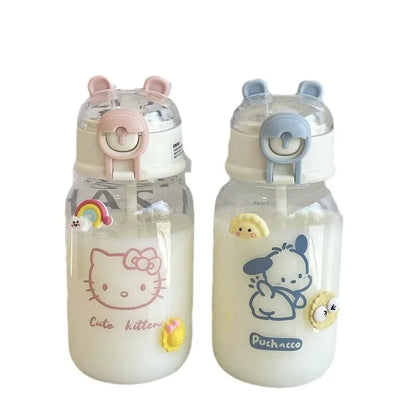 Sanrio Anime Transparent Straw Cup – Hello Kitty & Pochacco 500ML Plastic Water Cup with Handle for Students