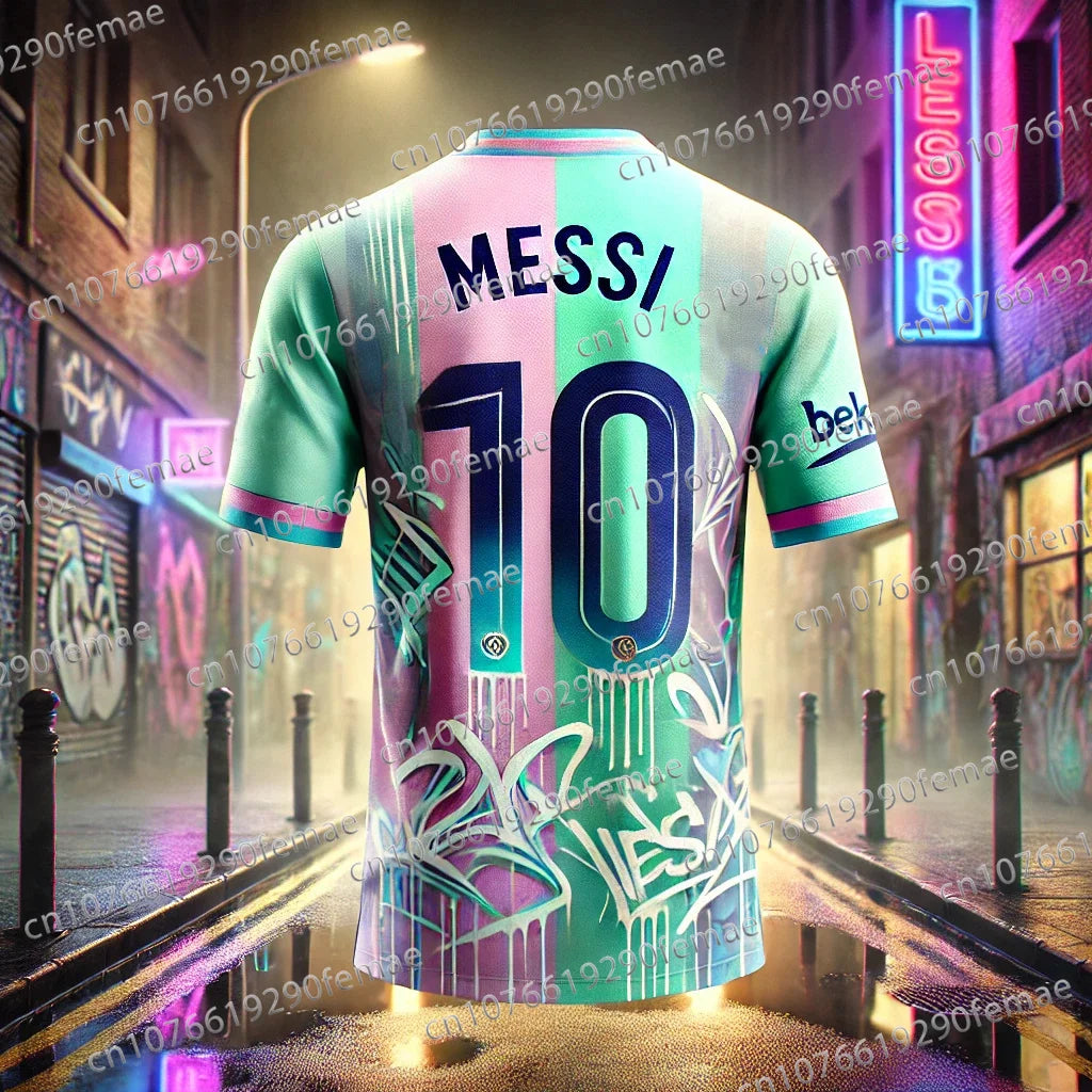Men's Messi Pattern Printed Football Shirt – Breathable, Sweat-Wicking, Quick-Drying Sports T-Shirt
