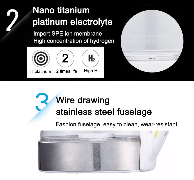 2L Hydrogen-Rich Electric Kettle – Electrolysis Water Heater & Generator with English Manual