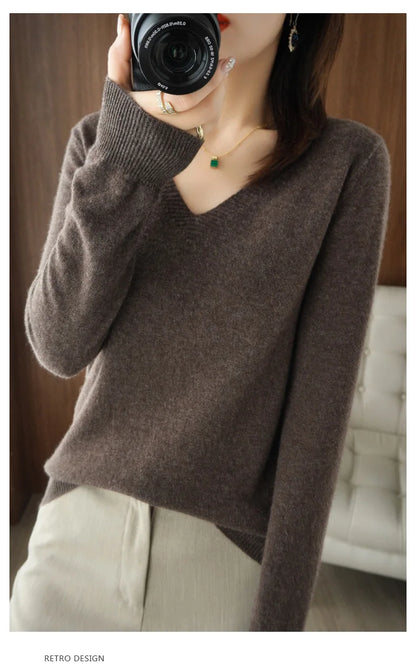 New Women’s Cashmere V-Neck Pullover – Lace Hollow Out Long Sleeve Knitted Sweater for Fall & Winter