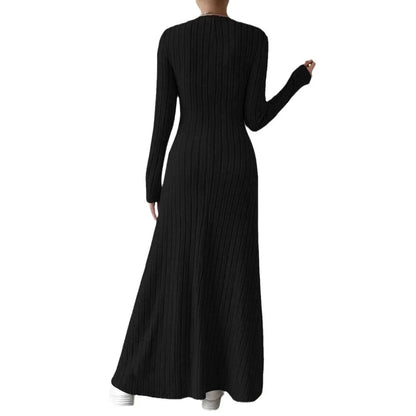 Knitted Long Sleeve A-Line Dress - Women's Slim Fit Solid Color Streetwear Maxi Dress with Elegant Silhouette