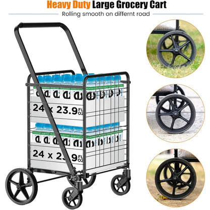 Heavy Duty 280lb Folding Shopping Cart — Large Utility Cart with Waterproof Liner & 360° Rotating Wheels