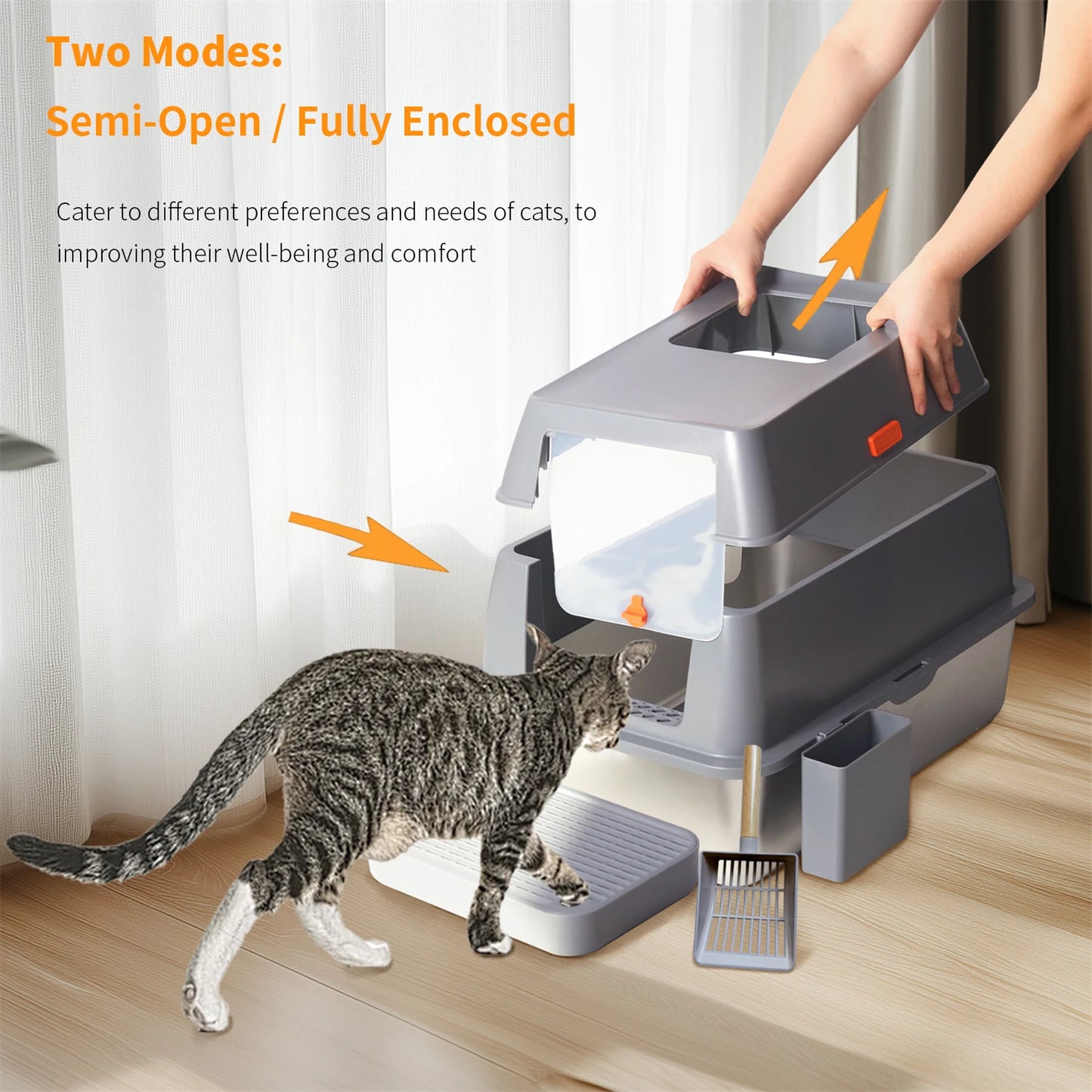 Extra Large Enclosed Stainless Steel Cat Litter Box with Lid – High Wall Metal Litter Pan for Big Cats