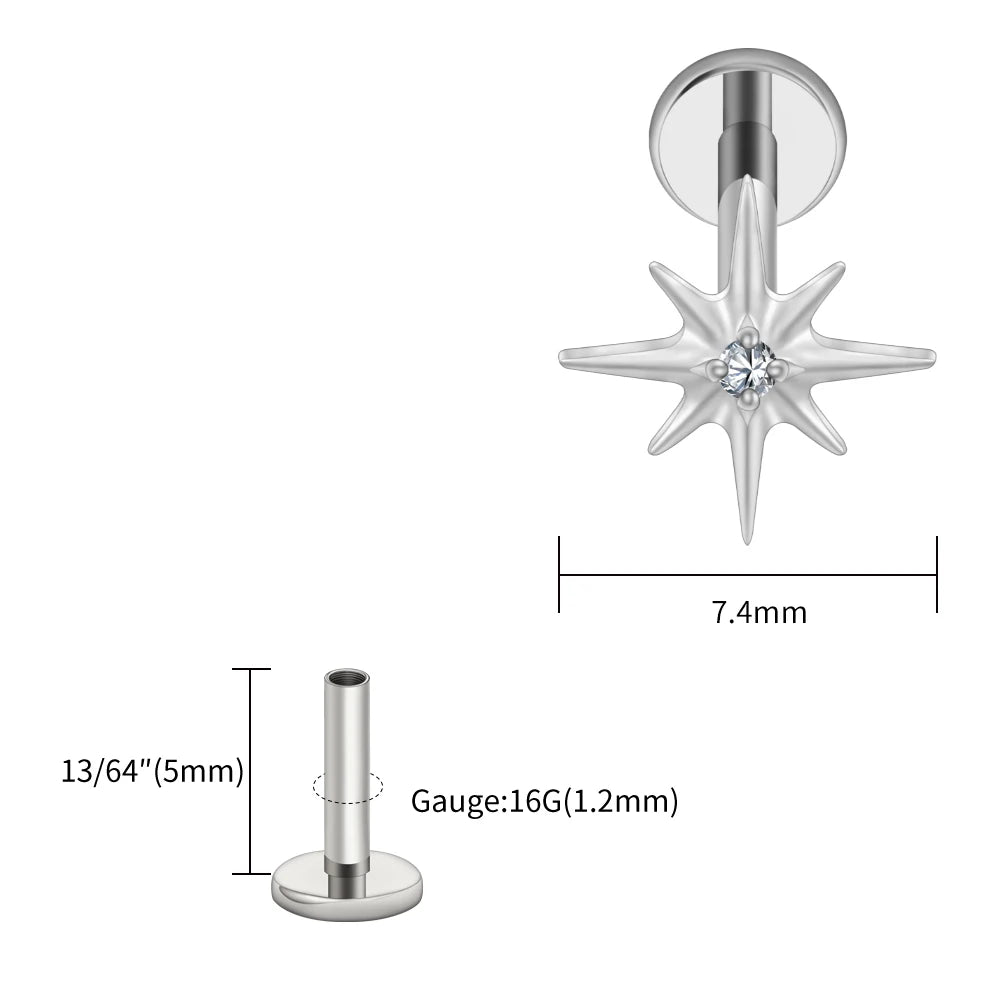 Right Grand ASTM F136 Titanium CZ North Star 16G Flat Back Earring – Tiny Starburst Helix, Cartilage & Earlobe Stud Piercing Jewelry