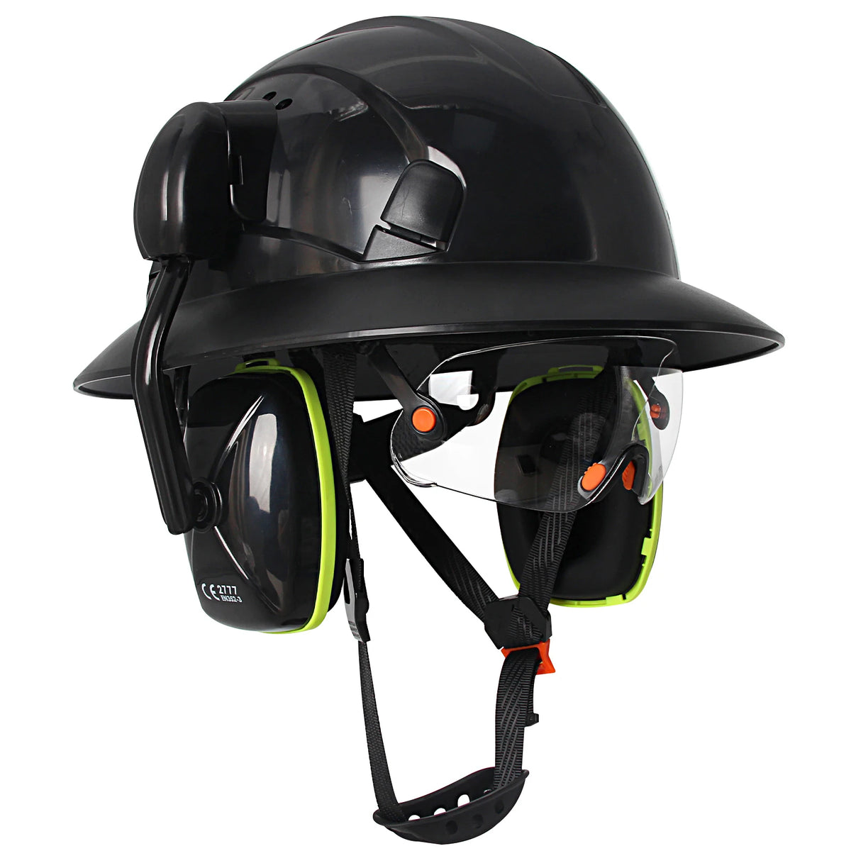 CE Full Brim Safety Helmet - HDPE Construction Hard Hat with Built-In Goggles & Earmuffs