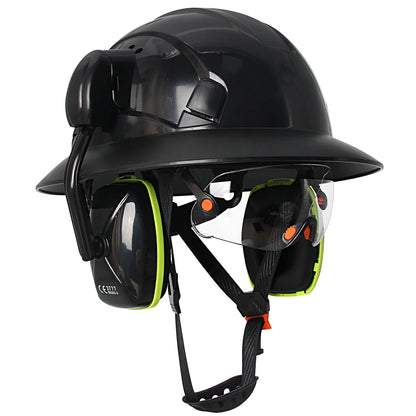 CE Full Brim Safety Helmet - HDPE Construction Hard Hat with Built-In Goggles & Earmuffs