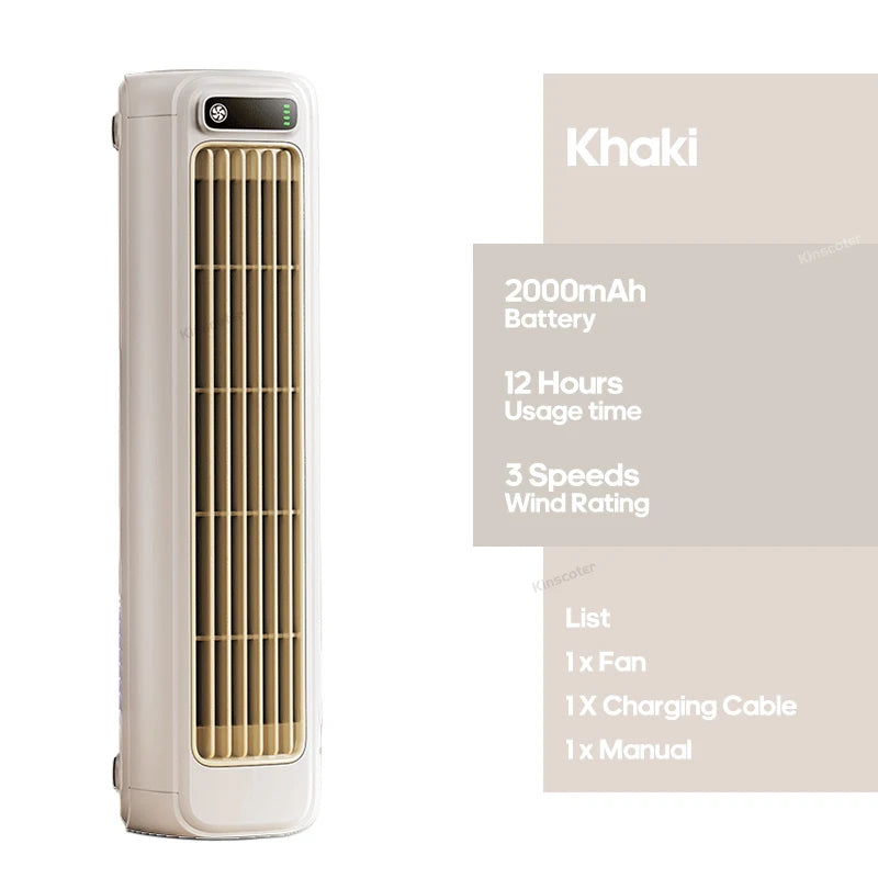 KINSCOTER Portable Air Conditioner Fan, 2000mAh Rechargeable Quiet Desktop Tower Fan, Wall-Mount or Desktop Circulating Fan with 3-Speed Adjustable Settings