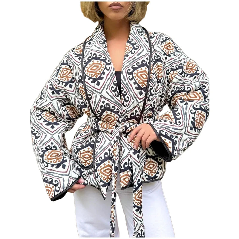 2025 Women’s Printed Quilted Padded Jacket – Collared Cotton Coat with Contrast Piped Pockets, Casual Autumn Outerwear
