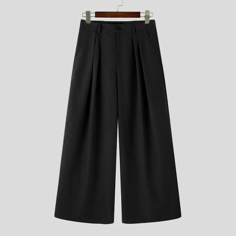 INCERUN Men Wide Leg Pants - Loose Pleated Casual Streetwear Button Trousers S-5XL
