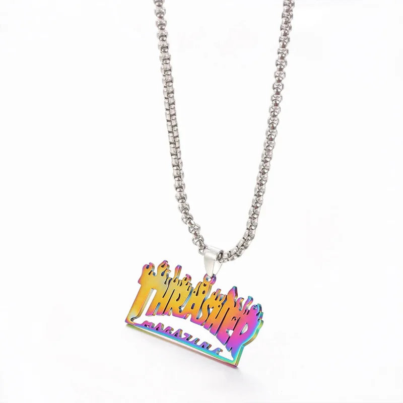 Trendy Hip-Hop Stainless Steel Letter & Flame Pendant Necklace | Street Style Rock Jewelry for Men & Women