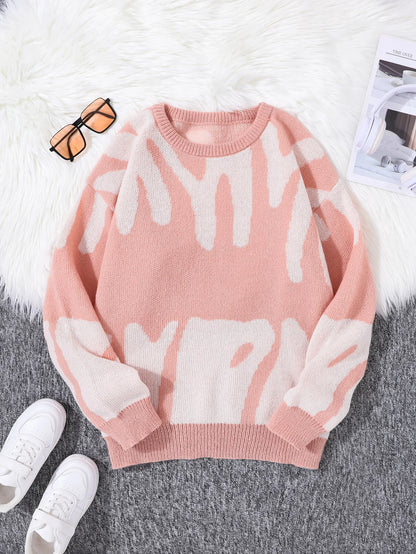 Men's Autumn Winter Jacquard Sweater - Irregular Pattern Contrast Color Round Neck Knitted Casual Pullover