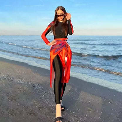 Women’s Muslim Burkini Swimsuit – Long Sleeve Zipper UV Sun Protection Modest Swimwear Gradient Sunset Red Orange Purple Beachwear