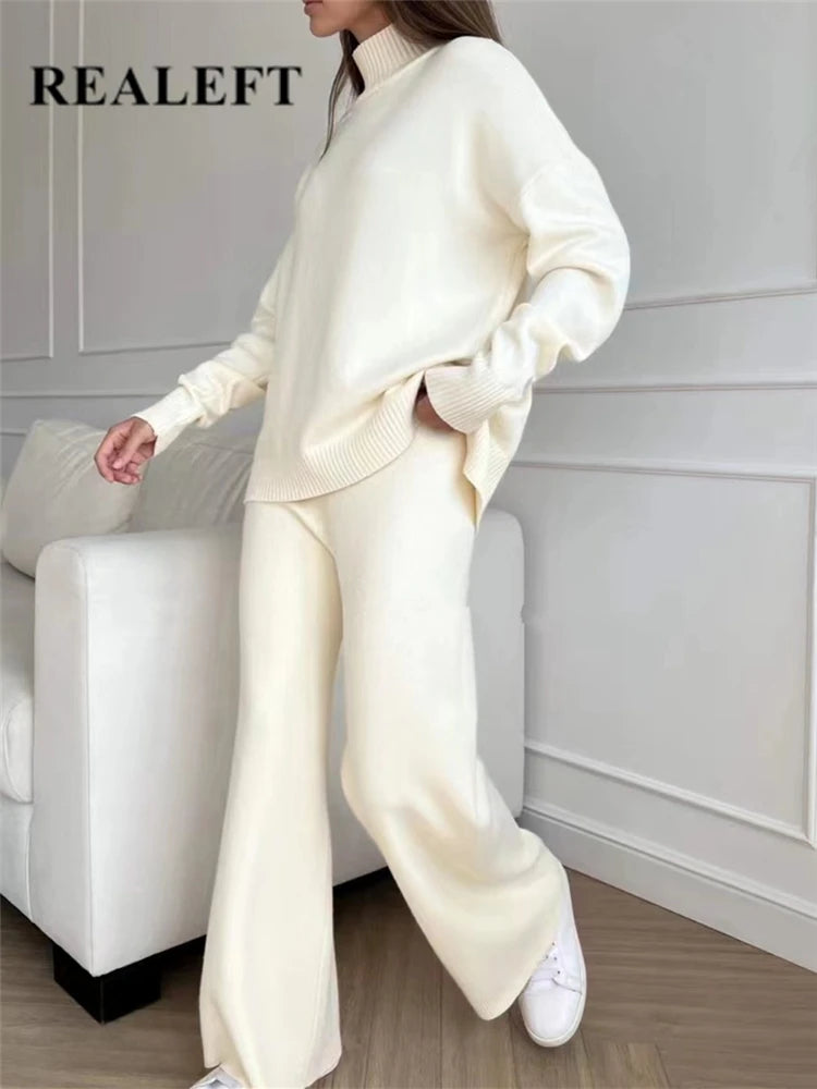 Women’s 2-Piece Autumn & Winter Knitted Tracksuit – Turtleneck Sweater with Straight Jogging Pants Set