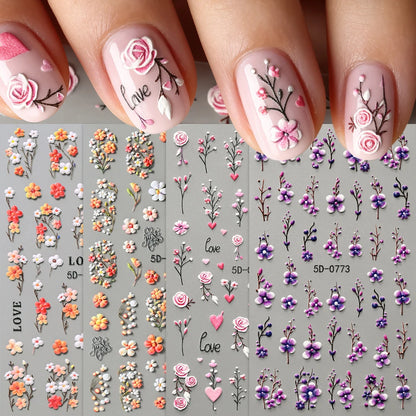 5D Floral Nail Stickers Set - Valentine’s Day Rose & Daisy Embossed Nail Decals for DIY Spring Summer Nail Art Decoration