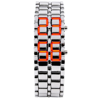 Men's Fashion Digital Lava Wrist Watch – Black Full Metal with Red/Blue LED Display, Sporty Gift for Men & Boys