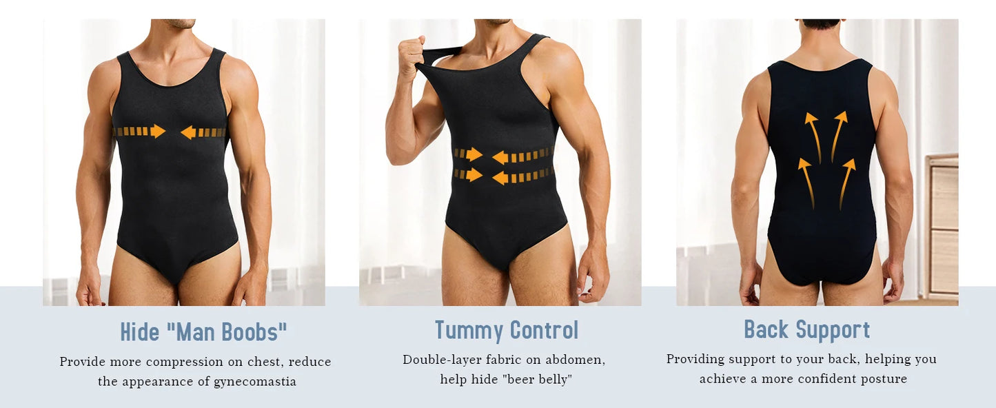 Men’s Sleeveless Bodysuit Shaper — Full Body Compression Undershirt, Tummy Control Slimming Vest Shapewear