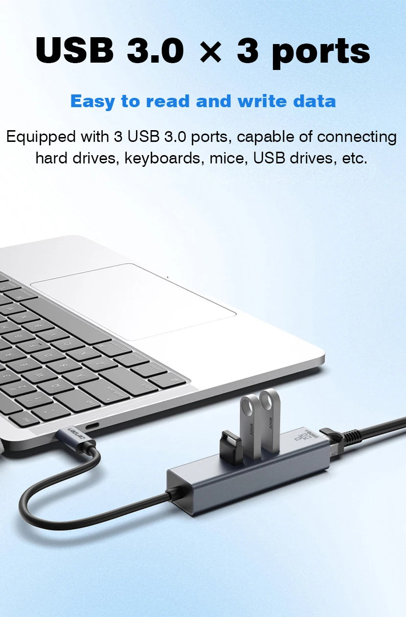 USB-C Hub Docking Station – Type C to RJ45 1000Mbps Ethernet Adapter, USB 3.0 Hub, 100W Charging Dock