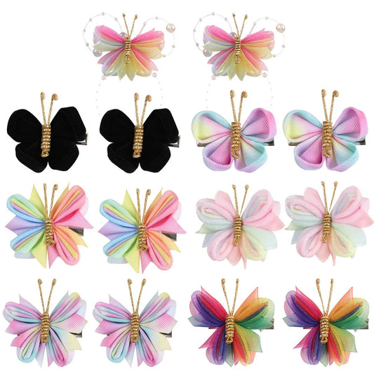 Butterfly Hair Clips with Gold Flocking - 2-Piece Gradient Gauze Hairpins for Girls