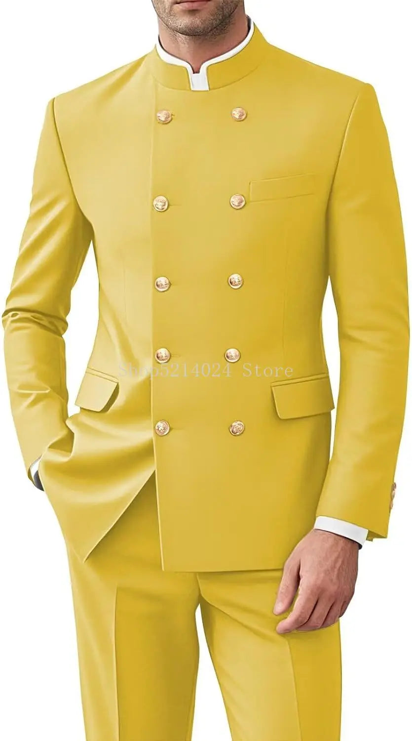 Men’s 2-Piece Suit Set - Gold Button Jacket & Pants Formal Wedding Style Outfit