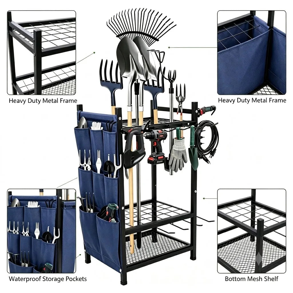 Garden Tool Storage Rack - Heavy-Duty Metal Organizer for Shovels, Rakes & Garage Tools