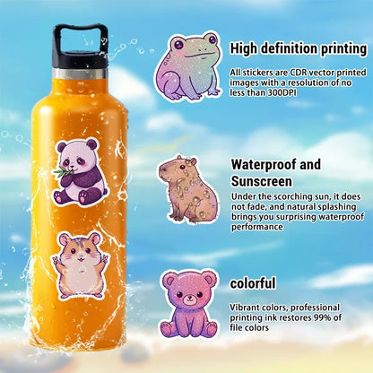 50-Piece Kawaii Animal Sticker Set - Glittery Cartoon, Rainbow, and Starry Sky Waterproof Vinyl Decals for Laptops and Water Bottles