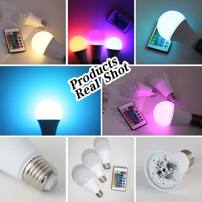 16-Color RGB LED Bulb E27 – Dimmable Multicolor 220V Household Lighting with 24-Key Remote & Neon Atmosphere Light