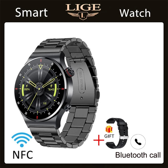 LIGE 2023 ECG+PPG Smartwatch for Men – AMOLED Touchscreen, Bluetooth Call, NFC, Waterproof Sports Watch for Android & iOS