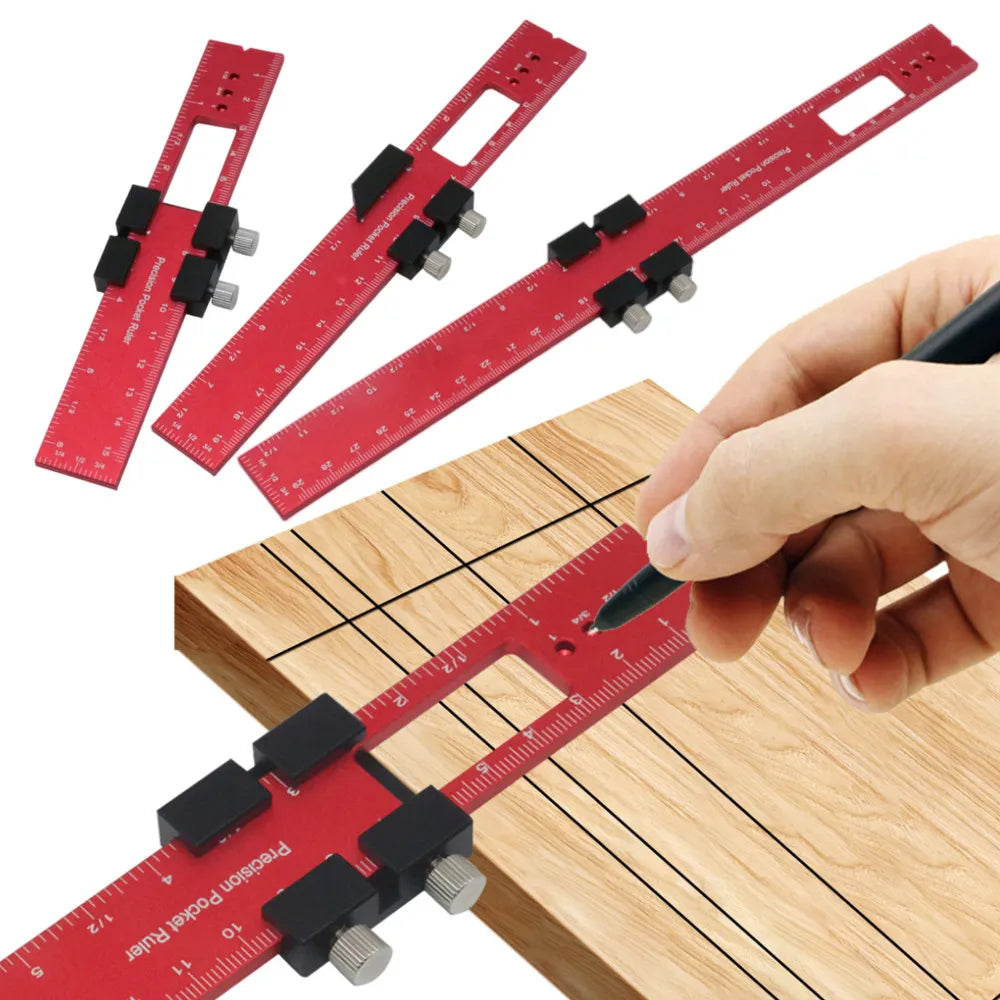 Pocket Woodworking Tools Ruler: Aluminum Precision Ruler with T-Track Metal Slide Stops, Inch and Metric Scale - Layout Tool