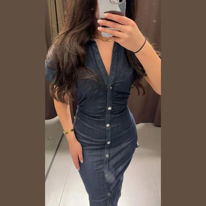 Elegant Pleated Denim Dress for Women – 2025 Chic Slim Fit Lapel Vestido with Short Sleeves & Single-Breasted Design