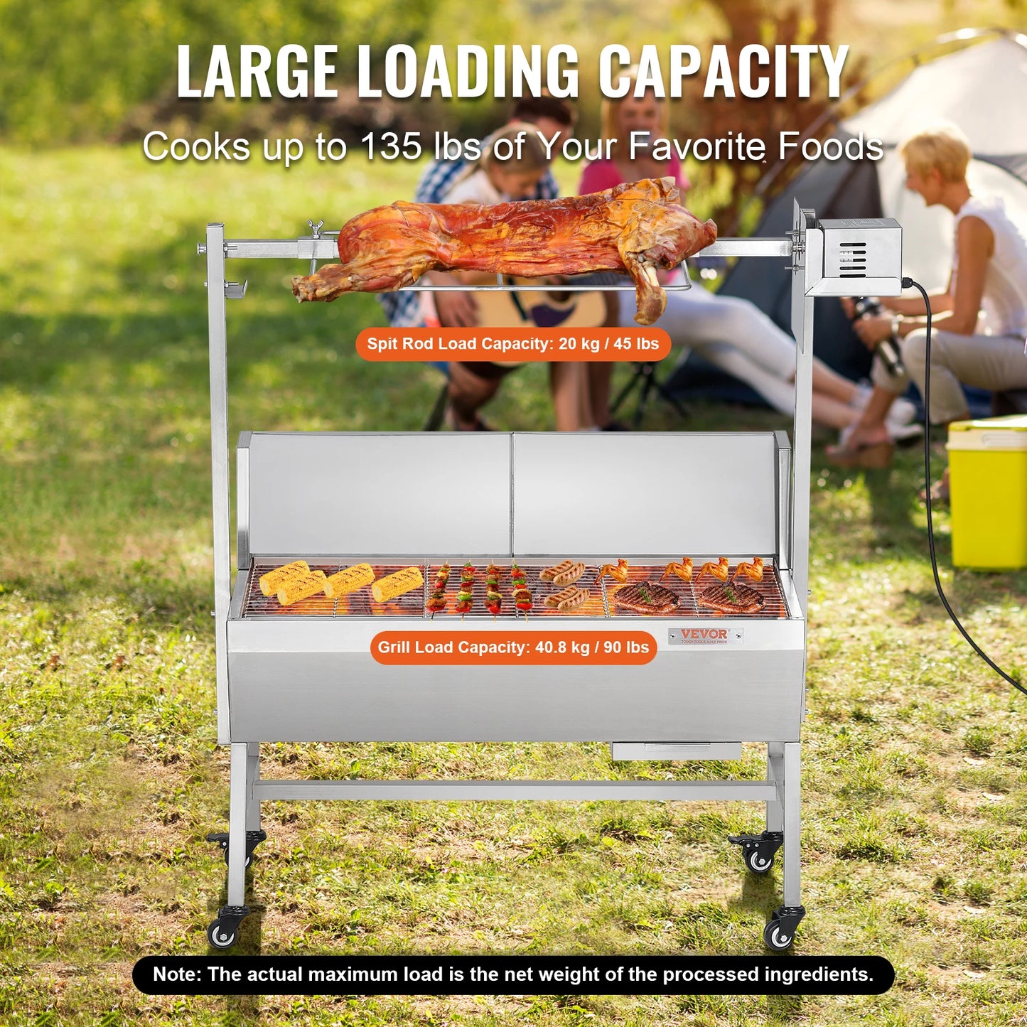 SucceBuy 35-Inch Rotisserie Grill – Electric Motor Charcoal Spit Stainless Steel Roaster with Lockable Wheels for Camping