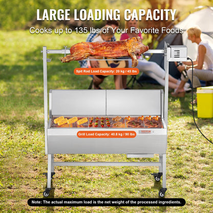 SucceBuy 35-Inch Rotisserie Grill – Electric Motor Charcoal Spit Stainless Steel Roaster with Lockable Wheels for Camping