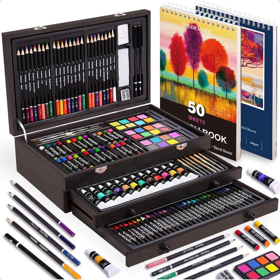 175-Piece Deluxe Art Set – Professional Wooden Case Kit with Drawing Pads, Acrylic Paints, Crayons & Colored Pencils