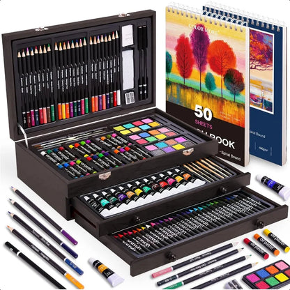 175-Piece Deluxe Art Set – Professional Wooden Case Kit with Drawing Pads, Acrylic Paints, Crayons & Colored Pencils