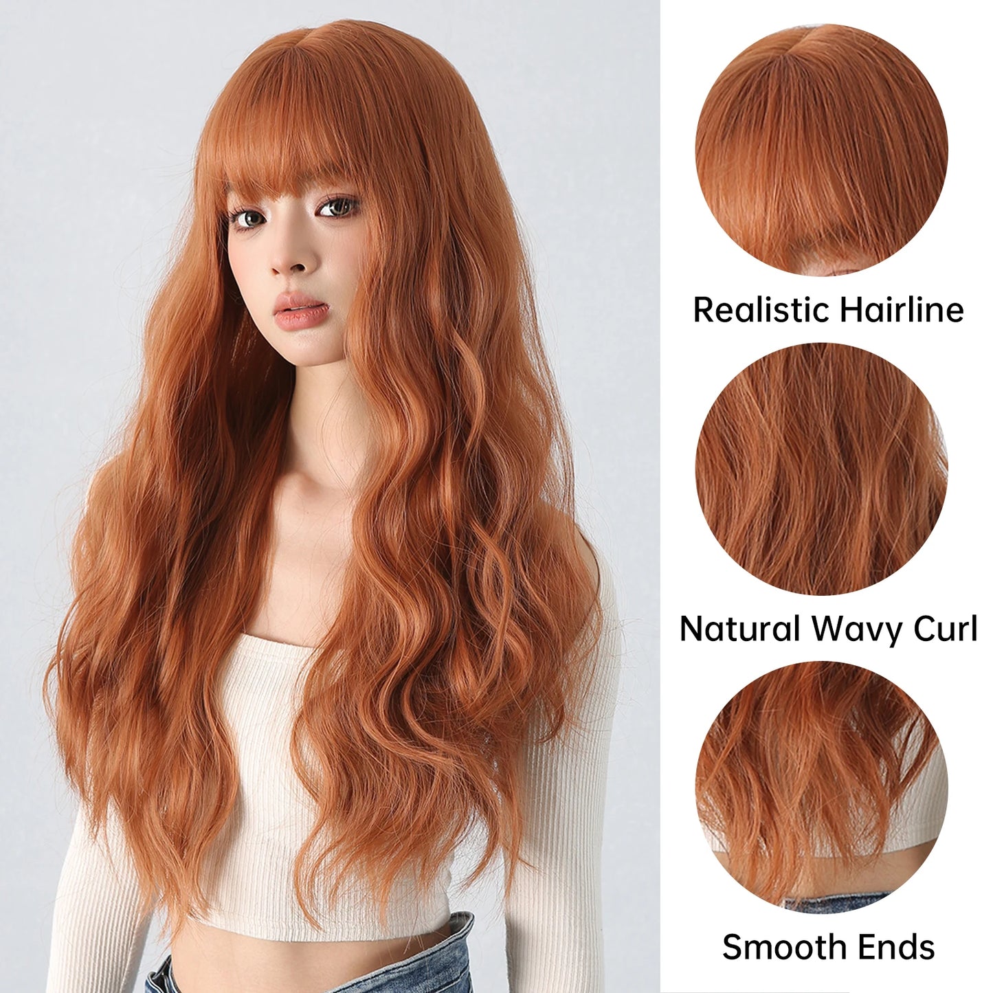 Copper Ginger Red Brown Synthetic Wig – Long Fluffy Wavy Wig with Bangs, Heat-Resistant Cosplay & Daily Wear Hair for Women