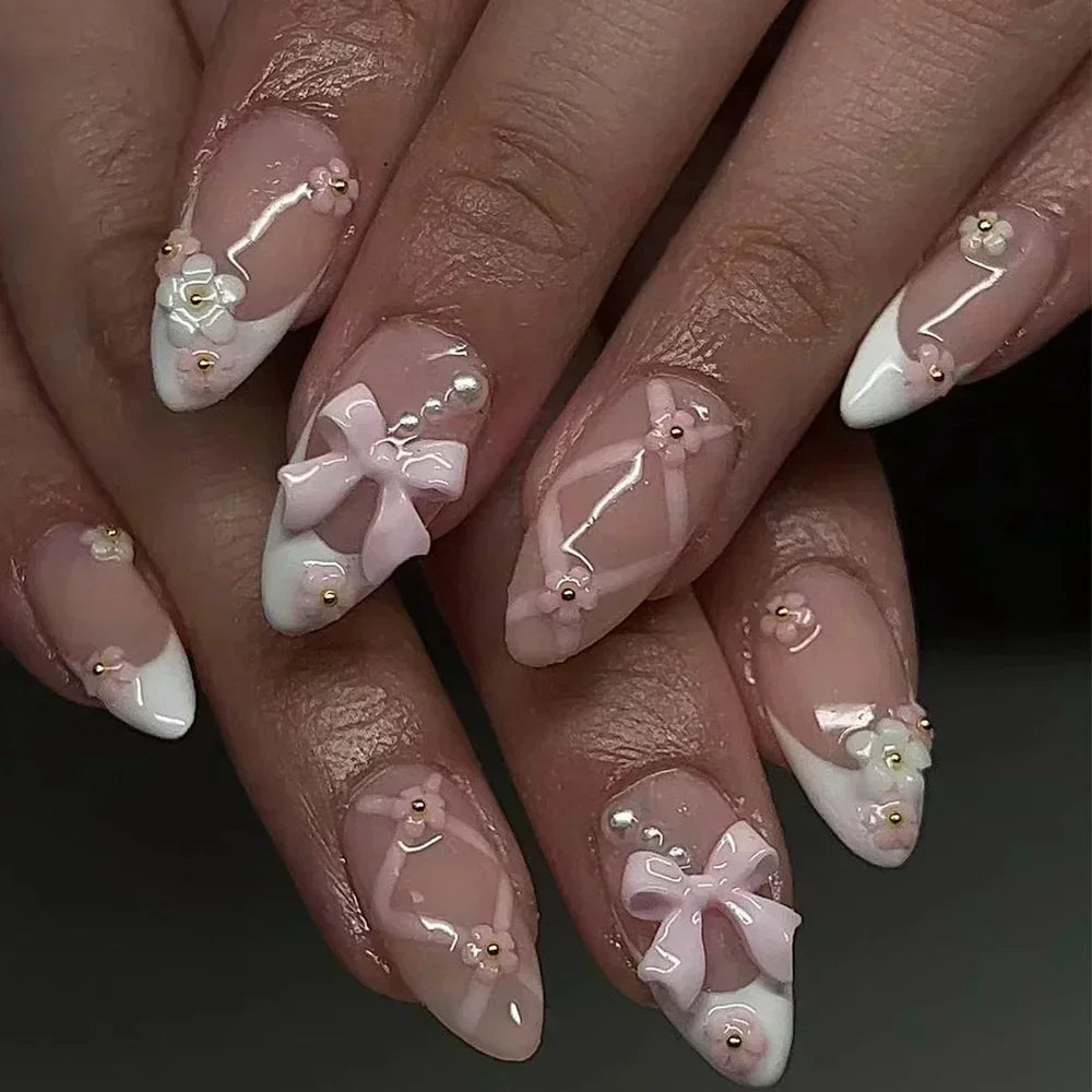24PCS Pink Almond Press On Nails - Butterfly Ballet French Design Artificial Nail Tips for Stylish Nail Art
