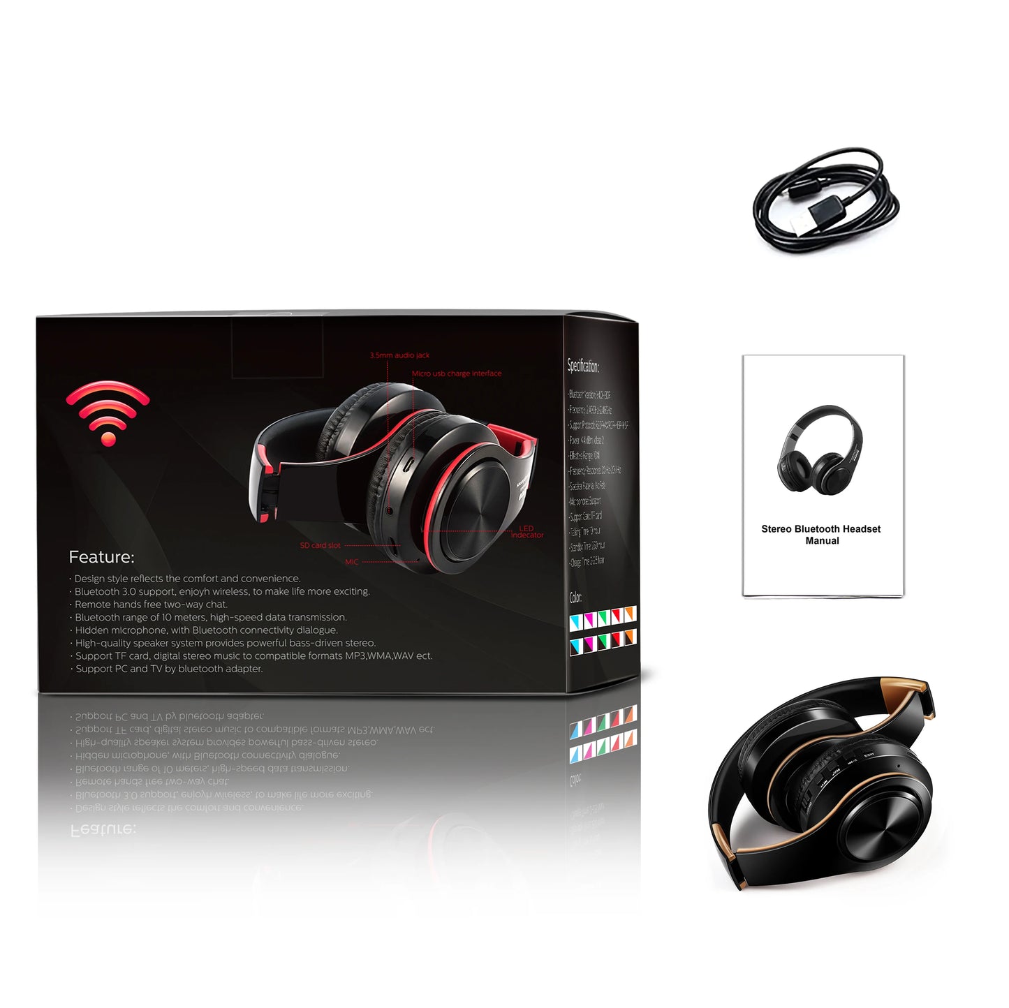 Men’s Gift Gold Wireless Headphones – Bluetooth Stereo Earphones with Built-in MIC, 3.5mm Jack for Xiaomi, Samsung, iPhone