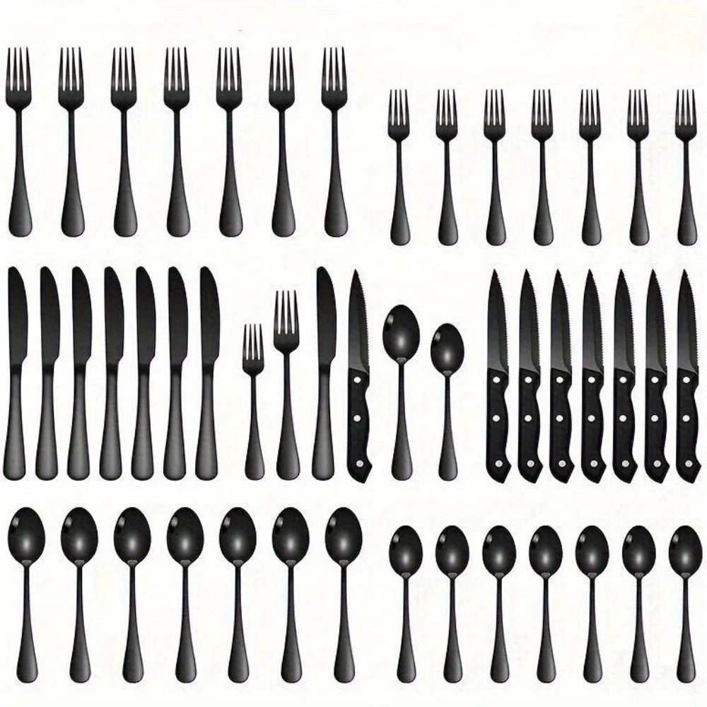 36-Piece Black Silverware Set with Steak Knives – Food-Grade Stainless Steel Flatware & Tableware Cutlery Set